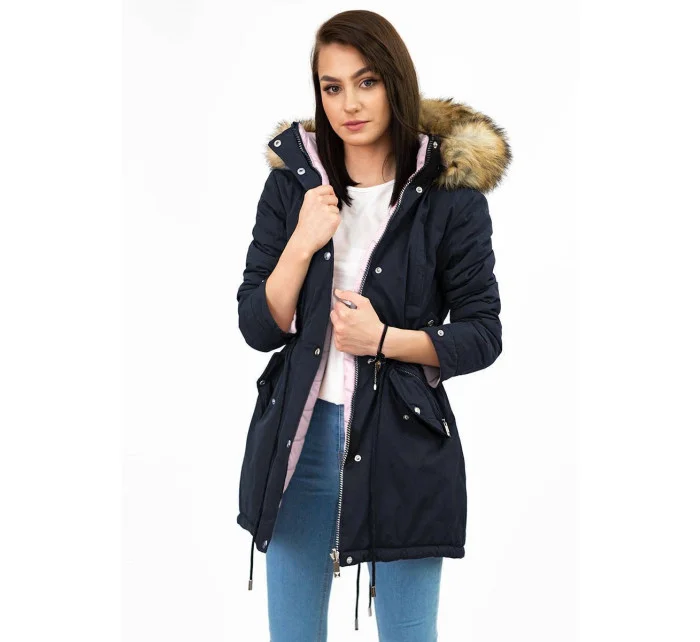 Tmavomodrá a ružová obojstranná dámska zimná bunda s kapucňou (w211) Tmavomodrá a ružová obojstranná dámska zimná bunda s kapucňou (w211)