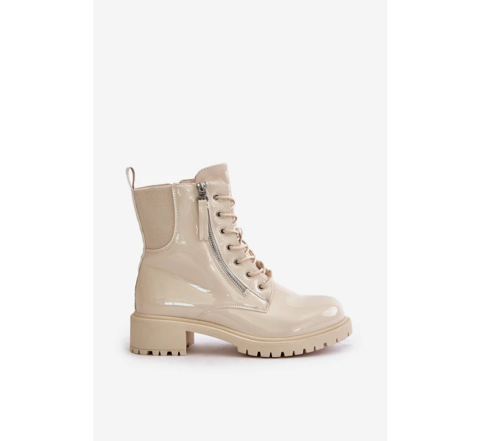 Lakierowane Botki Workery Na Zamek Ocieplane Beżowe Ravanthia