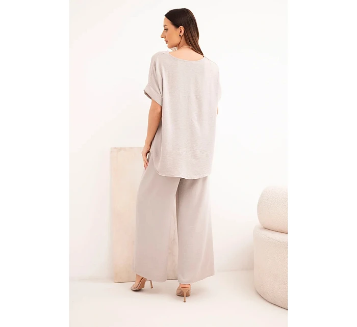 Súprava s náhrdelníkom blúzka + nohavice tmavobéžová