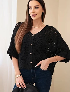 Dámsky bavlnený sveter azura s krátkymi rukávmi a zapínaním na gombíky čierny