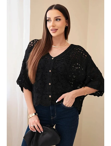 Dámsky bavlnený sveter azura s krátkymi rukávmi a zapínaním na gombíky čierny