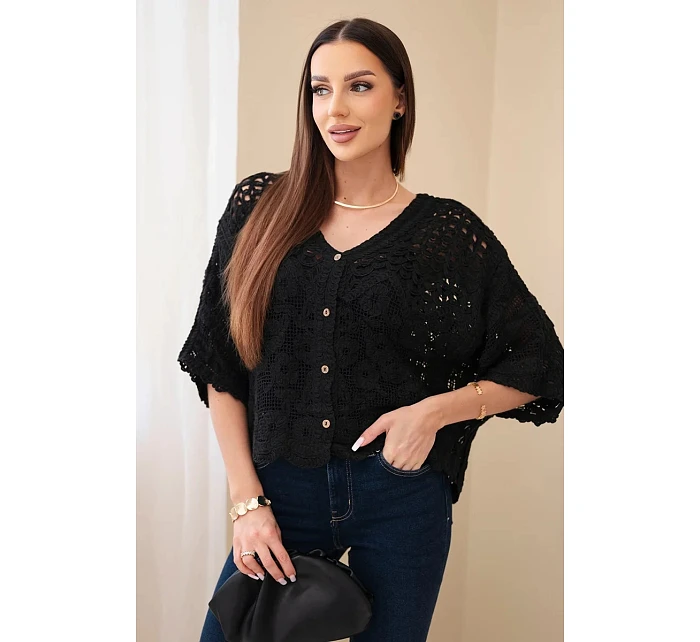 Dámsky bavlnený sveter azura s krátkymi rukávmi a zapínaním na gombíky čierny