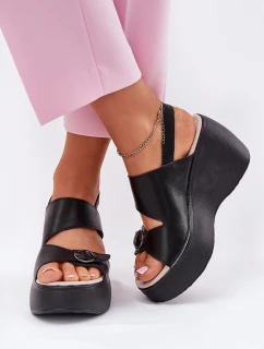 Skórzane Sandały Damskie Na Koturnie I Platformie S.Barski LR51-540 Czarne