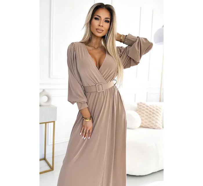 536-2 FIORELLA Dlhé šaty so širokým pásom a výstrihom - BEACH