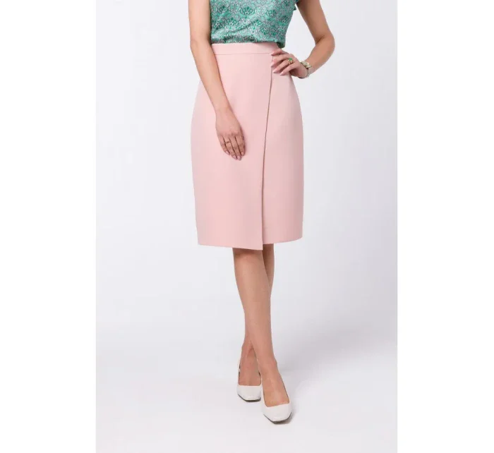 S343 Sukňa áčkového strihu so zavinovacími detailmi - púdrová