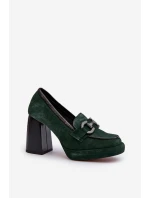 Skórzane Czółenka Na Masywnym Słupku Laura Messi 2706 Ciemnozielone
