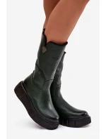 model 21772344 Kožené dámské kozačky s vlnou olivové - Zazoo