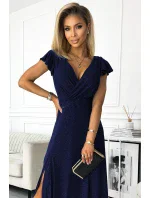 CRYSTAL Tmavě modré lesklé dlouhé dámské šaty s výstřihem model 18266603 - numoco CRYSTAL Tmavě modré lesklé dlouhé dámské šaty s výstřihem model 18266603 - numoco