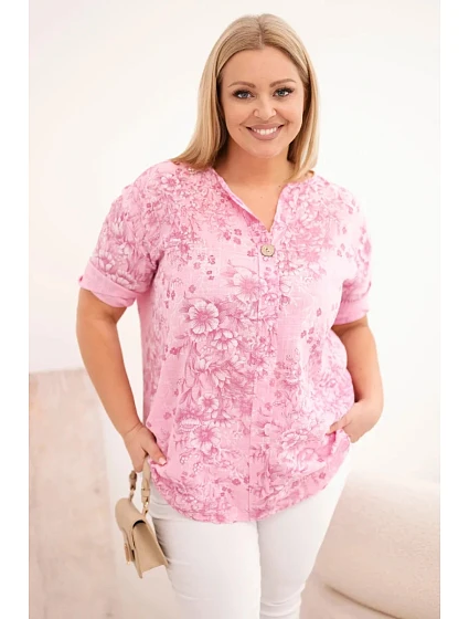 Dámská bavlněná halenka Plus Size s krátkým rukávem a ozdobným knoflíkem světle růžová