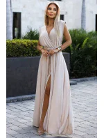 Elegantní béžové dlouhé dámské šaty s brokátem a s  vázání model 20110813 - numoco