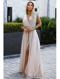 Elegantní béžové dlouhé dámské šaty s brokátem a s  vázání model 20110813 - numoco