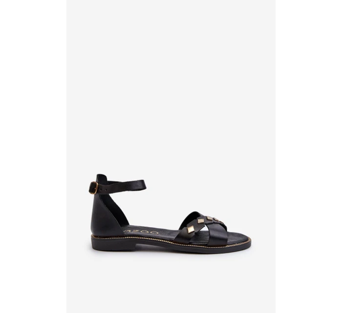 model 21657362 Ploché Dámské Kožené Sandály Černé - Zazoo