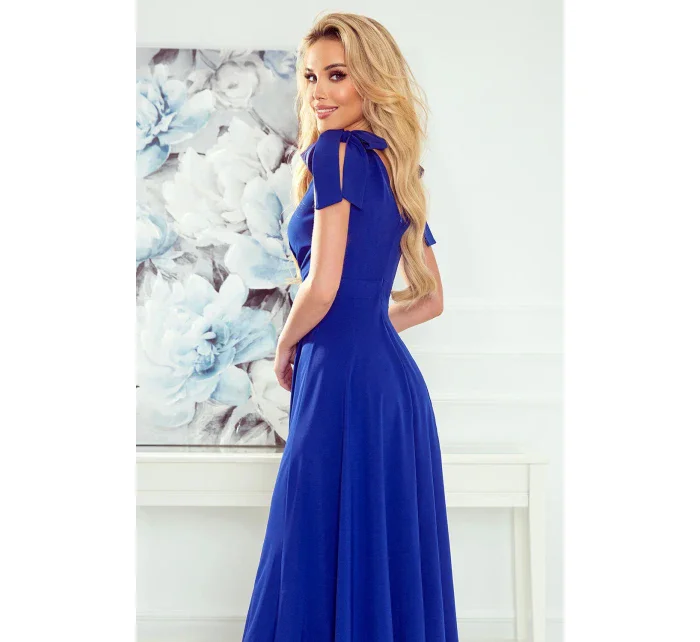 ELENA - Dlhé dámske šaty v nevädzovej farbe s výstrihom a zaväzovaním na ramenách 405-2 ELENA - Dlhé dámske šaty v nevädzovej farbe s výstrihom a zaväzovaním na ramenách 405-2