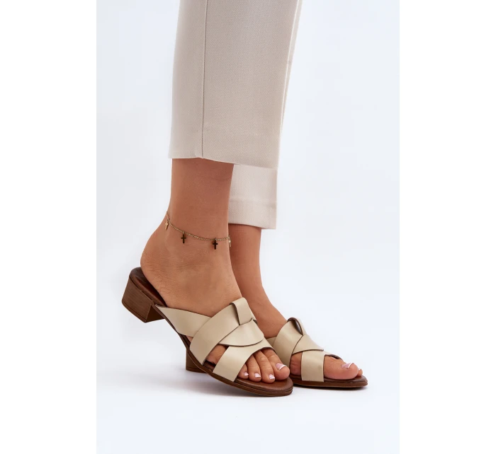 Zazoo 40236 Skórzane Klapki Damskie Na Niskim Obcasie Beżowe