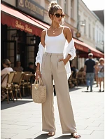 Dámske ľanové nohavice so širokými nohavicami béžovej farby FashionStreet UY3079 Dámske ľanové nohavice so širokými nohavicami béžovej farby FashionStreet UY3079