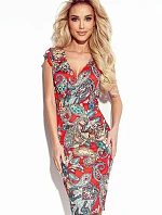 BOYKA - Vypasované červené dámske šaty so vzorom boho as preloženým obálkovým výstrihom 379-1