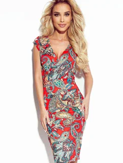 BOYKA - Vypasované červené dámske šaty so vzorom boho as preloženým obálkovým výstrihom 379-1