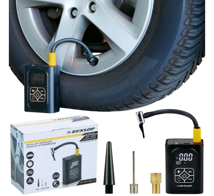 KOMPRESOR DO AUTA DUNLOP 150 PSI DIGITÁLNY KOMPRESOR S FUNKCIOU POWERBANK