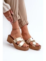 Zazoo 40412 Skórzane Eleganckie Klapki Damskie Z Ozdobą Złote