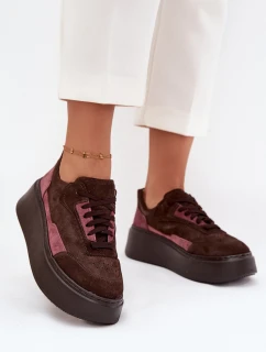 Dámské tenisky z pravé semiše na platformě model 21711179 čokoládové - Zazoo