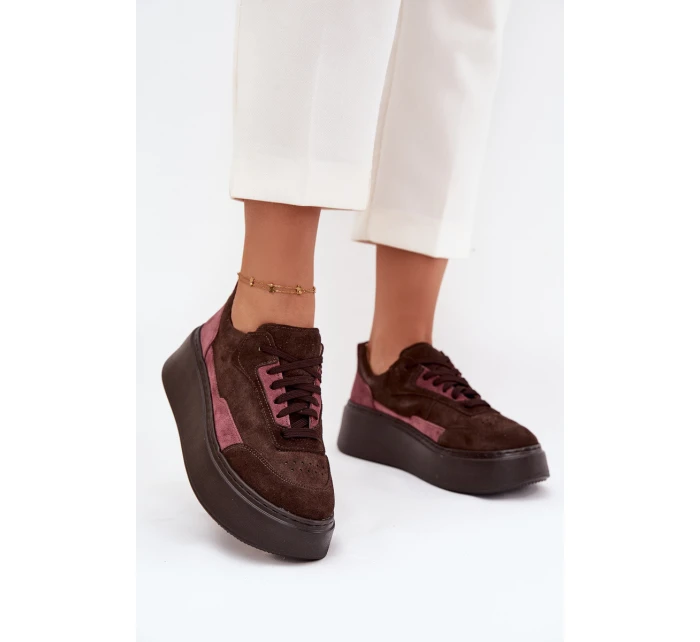 Dámské tenisky z pravé semiše na platformě model 21711179 čokoládové - Zazoo