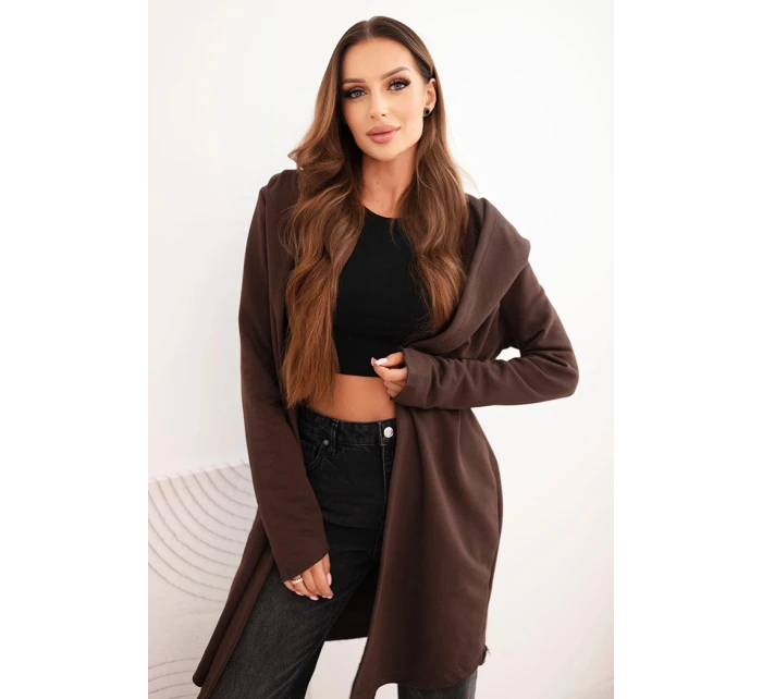 Dámska bavlnená bunda s kapucňou a predĺženou prednou časťou hnedá