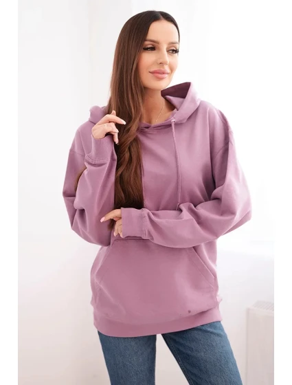 Dámska mikina s kapucňou a klokaním vreckom z pletenej bavlny tmavoružovej farby