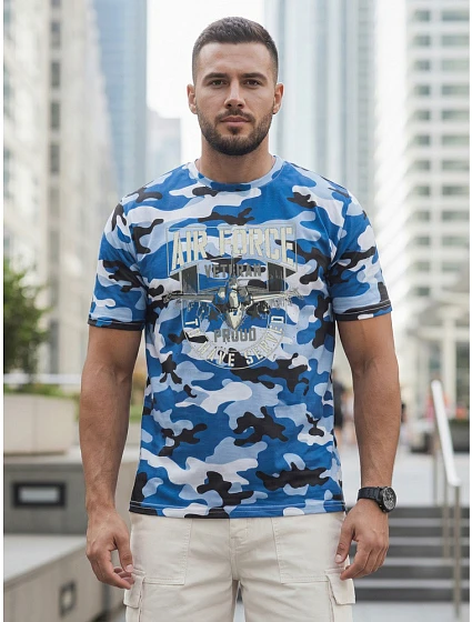 Tshirt męski klasyczny moro z nadrukiem niebieski model 22225079 - FashionStreet
