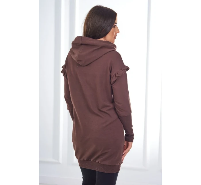 Šaty s ozdobnými volánikmi a kapucňou v hnedej farbe Šaty s ozdobnými volánikmi a kapucňou v hnedej farbe