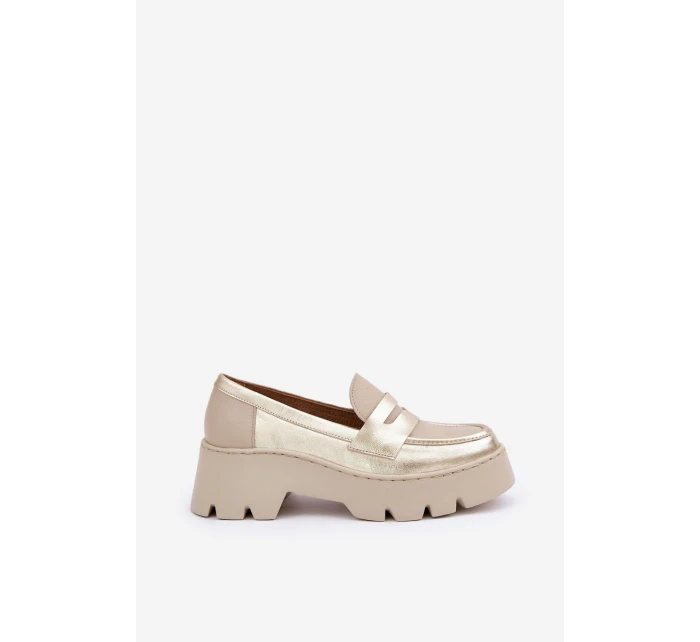 Skórzane Mokasyny Damskie Na Platformie I Płaskim Obcasie Zazoo 20191 Złote