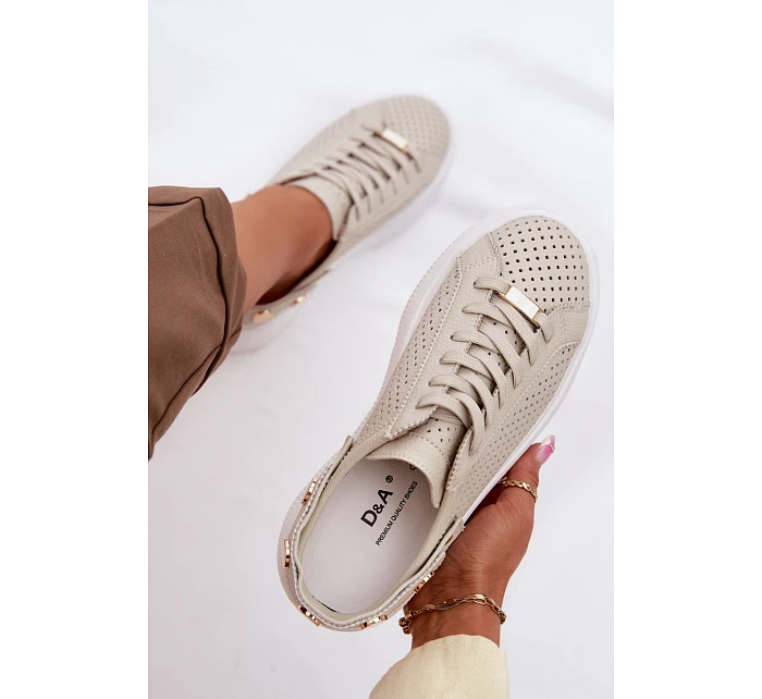 Kožené síťované dámské tenisky na platformě s páskem na podpatku model 22100279 béžové - D&A