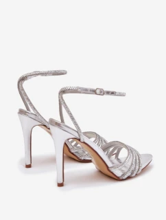 Dámske sandále na podpätku s kryštálmi Swarovski - strieborné Rosavie