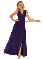 Dlhé tmavo modré dámske šaty bez rukávov s vyšívaným výstrihom model 6369438