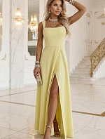 633-3 AURELIA dlhé svadobné šaty s rozparkom a výstrihom - maslovo žlté s trblietkami