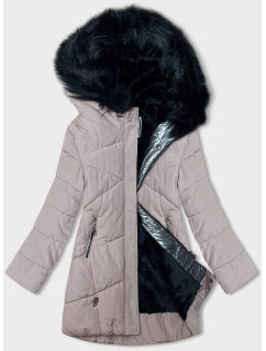 Dámska zimná bunda vo farbe "nude" s kožušinou (V715)