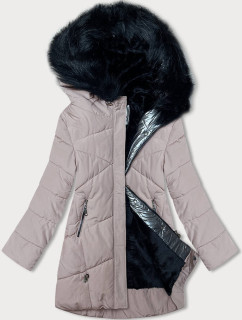 Dámska zimná bunda vo farbe "nude" s kožušinou (V715)