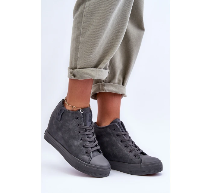 Trampki Skórzane Damskie Na Koturnie Big Star MM274005 Szare Trampki Skórzane Damskie Na Koturnie Big Star MM274005 Szare