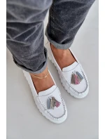 Skórzane Mokasyny Damskie Z Frędzlami Na Platformie I Koturnie Białe Eleazetta Skórzane Mokasyny Damskie Z Frędzlami Na Platformie I Koturnie Białe Eleazetta