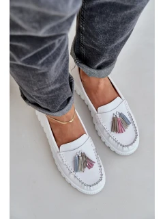 Skórzane Mokasyny Damskie Z Frędzlami Na Platformie I Koturnie Białe Eleazetta