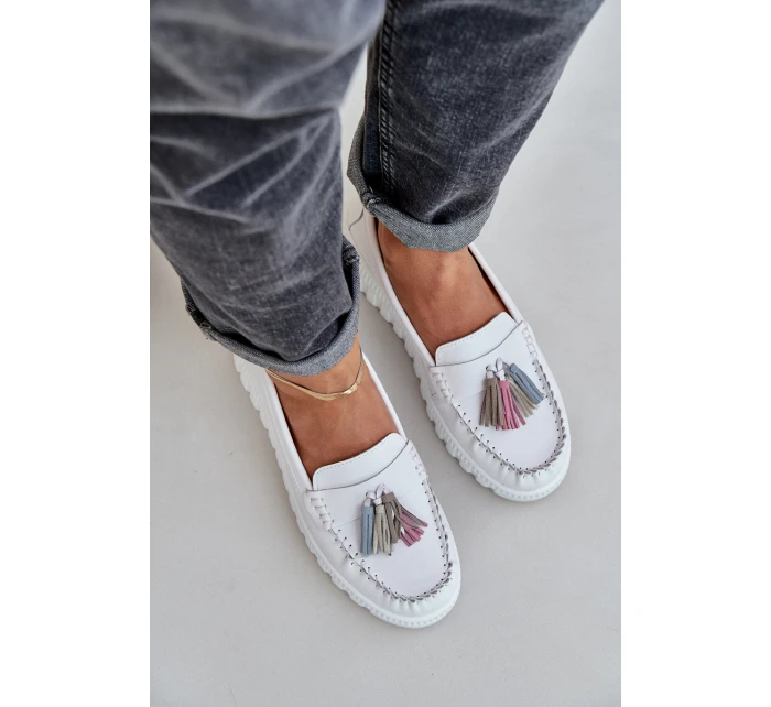 Skórzane Mokasyny Damskie Z Frędzlami Na Platformie I Koturnie Białe Eleazetta Skórzane Mokasyny Damskie Z Frędzlami Na Platformie I Koturnie Białe Eleazetta