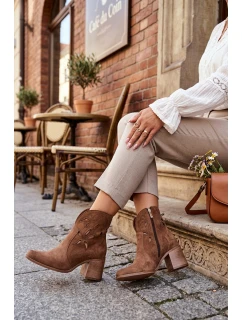 Botki Damskie Ażurowe Z Naturalnego Zamszu Na Słupku Zazoo 3690 Brązowe