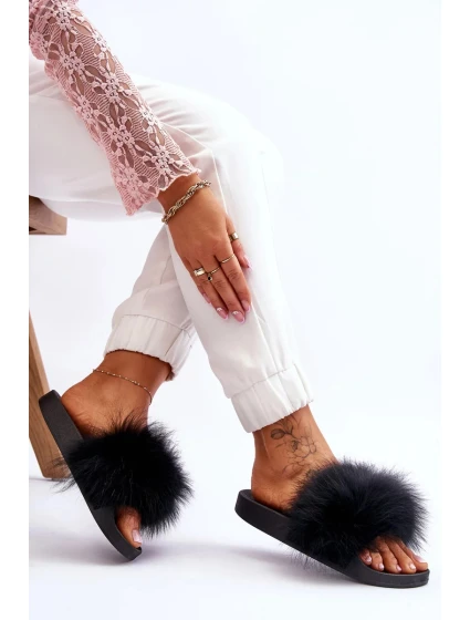 Dámske gumové papuče s kožušinou čierne Lucrece