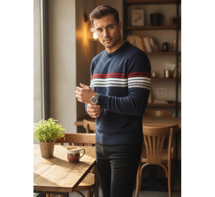 Pánsky pruhovaný tmavomodrý sveter FashionStreet WX2281