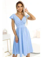 425-12 MATILDE Šaty s výstrihom a krátkymi rukávmi - MODRÉ