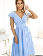 425-12 MATILDE Šaty s výstrihom a krátkymi rukávmi - MODRÉ