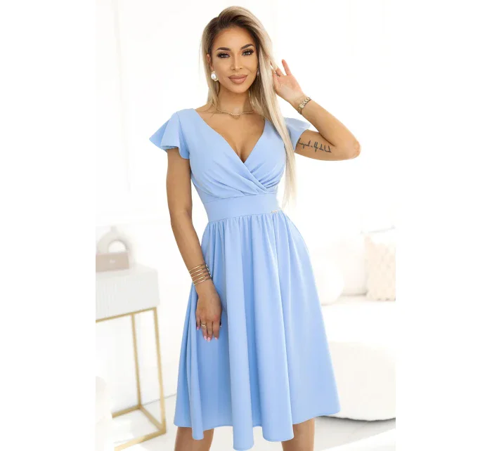 425-12 MATILDE Šaty s výstrihom a krátkymi rukávmi - MODRÉ