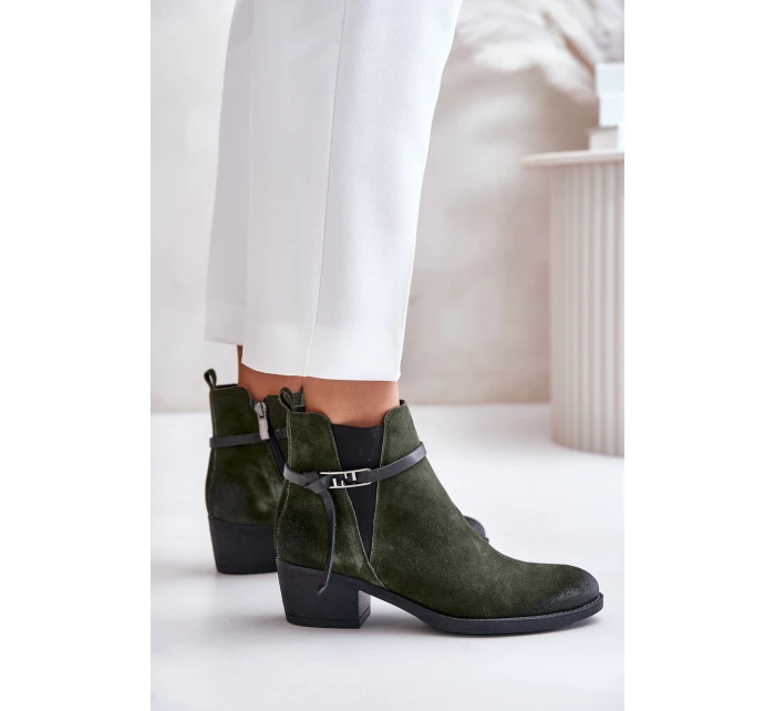 Zazoo 60478 Zamszowe Botki Na Obcasie Ocieplane Zapinane Na Zamek Ciemnozielone