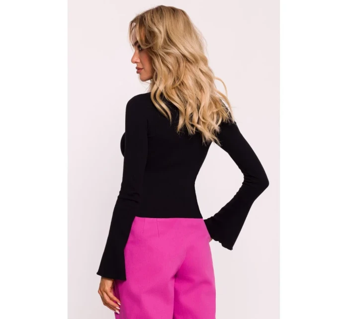 M806 Rebrovaný top s dlhými rukávmi - čierny