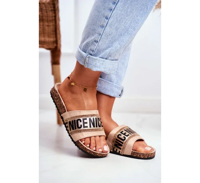 Béžové papuče s korkovou podrážkou a zirkónmi Be Nice