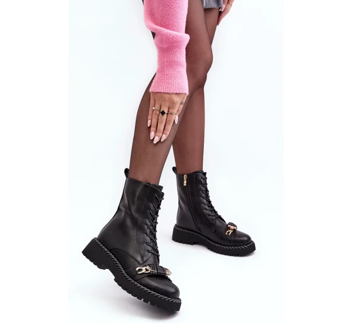 Dámské kožené pracovní kotníkové boty s ozdobou, černá S.Barski